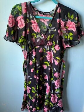 Vintage 90s Betsey Johnson Sheer Black w/Pink Floral Fairy Grunge Goth Dress